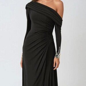 Amoris by CD Black One-Shoulder Long Sleeve Beaded Cuff Jersey Midi Dress